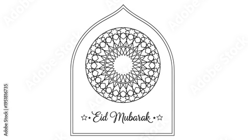 Eid Mubarak greeting design featuring an intricate circular mandala inside a traditional Islamic arch frame with stars in line art style.