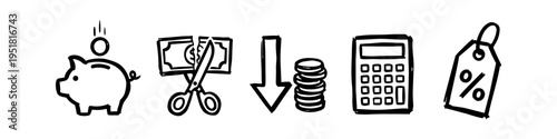 Hand-drawn financial doodle icons for saving money and budgeting. Features a piggy bank, scissors cutting a bill, price drop arrow, calculator, and discount tag on white background.