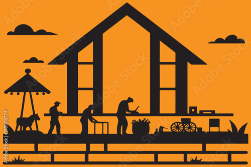 A black silhouette illustration of people working on a farm with a house and orange sky
