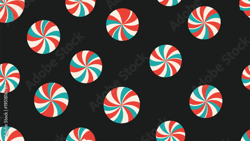 Fun seamless pattern featuring red white and teal peppermint swirl candies scattered on a solid black background for a festive holiday look.