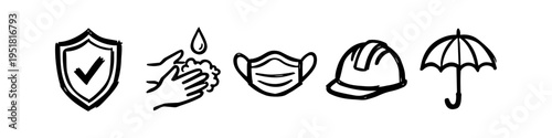 Hand-drawn set of safety and protection icons featuring a shield with checkmark, hand washing, face mask, hard hat, and umbrella. Black ink doodle style on white background.