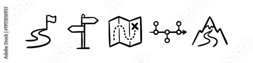 Set of hand-drawn black line icons for journey, navigation, and goal setting. Includes a map, roadmap, signpost, mountain, and flag representing strategy, progress, and success.
