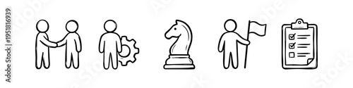 Hand-drawn set of business icons featuring a handshake, cog, chess knight, leader with flag, and checklist. Perfect for corporate strategy, project management, and success concept designs.