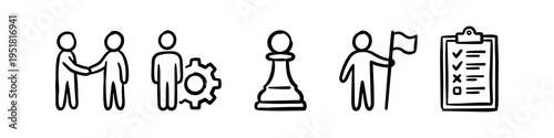 Set of hand-drawn business icons in doodle style featuring handshake for partnership, person with gear, chess pawn for strategy, leader with flag, and checklist for planning.