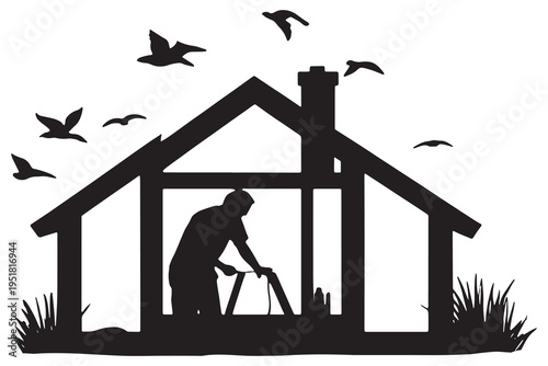 A silhouette of a man building a house with birds flying overhead