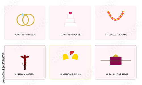 Diverse Collection of Wedding Celebration Symbols, Traditional Marriage Elements Vector Illustration Set.