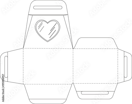 Gift Box Dieline Template with Heart Shaped Window and Handle for Packaging