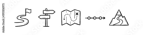 Set of hand-drawn business planning icons featuring a roadmap, signpost, map, timeline, and mountain peak. Conceptual symbols for strategy, achievement, and goal setting isolated on white.