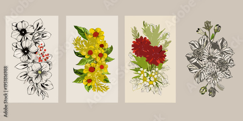 Four botanical illustrations showcasing diverse floral arrangements in vertical panels