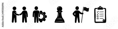 A set of professional business icons including a handshake, person with gear, chess pawn, leader with flag, and checklist. Concept of strategy, management, teamwork, and project planning.