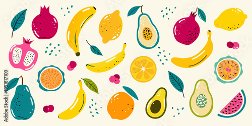 Vibrant illustration of various colorful fruits including bananas lemons and pomegranates