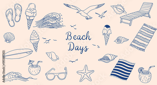 A collection of various beach items and sea creatures on a peach background with the words beach days