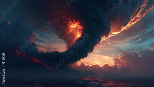 Dramatic swirling cloud formation with vibrant red and orange colors at sunset