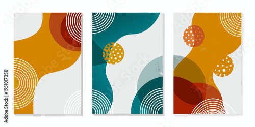 Abstract art triptych featuring curved shapes and a warm color palette