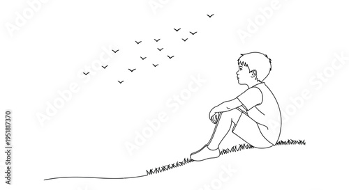 A young boy sits and watches a flock of birds fly overhead in a sketch