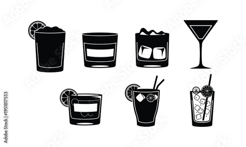 Classic cocktail glasses and their common garnishes illustrated in black and white