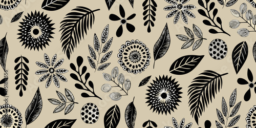 Black and beige floral pattern with various botanical illustrations