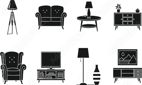 Modern Living Room Furniture Silhouette Icons Set with Sofa Armchair Lamp TV Stand and Sideboard for Interior Home Decor