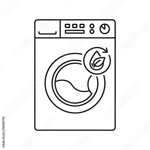 Eco friendly washing machine with leaf symbol on white background representing sustainability and energy efficiency in laundry