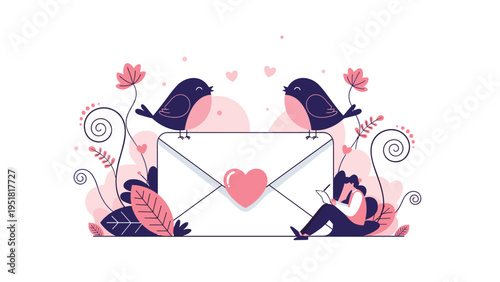 Romantic illustration featuring two birds perched on a large love letter while a person sits nearby writing a message surrounded by hearts.