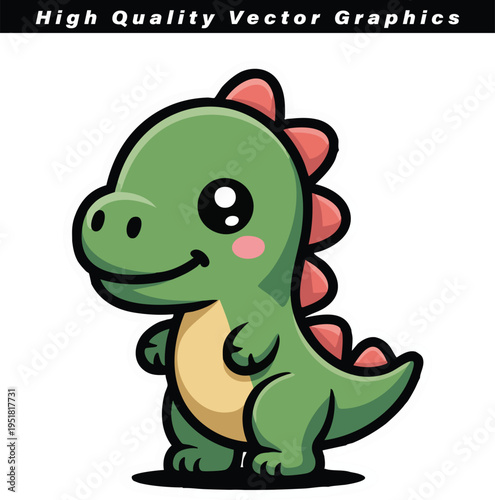 Charming cartoon baby dinosaur mascot with rosy cheeks and large eyes standing happily as a cute vector graphic icon.