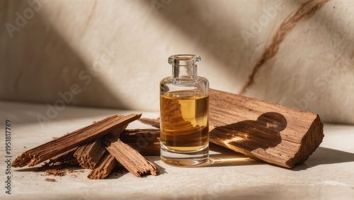 Elegant cedarwood and perfume bottle composition in warm sunlight, perfect for showcasing natural fragrance, luxury, and wellness concepts
