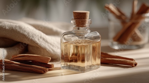 Elegant cedarwood fragrance bottle with natural wooden accents, bathed in warm sunlight, evokes luxury, tranquility, and sophisticated olfactive appeal