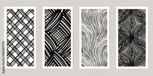 Four abstract black and white patterned rectangles arranged in a row