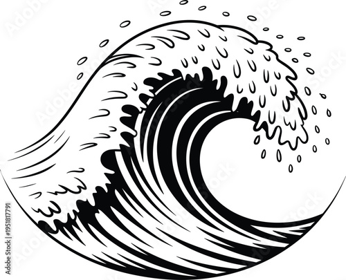 Ocean wave vector illustration, hand drawn sketch of sea water splash for surfing and summer