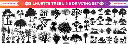 silhouette tree line drawing set, Side view, set of graphics trees elements outline symbol for architecture and landscape design drawing. Vector illustration