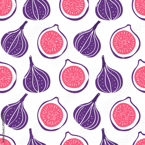 Seamless pattern of halved figs in pink and purple tones