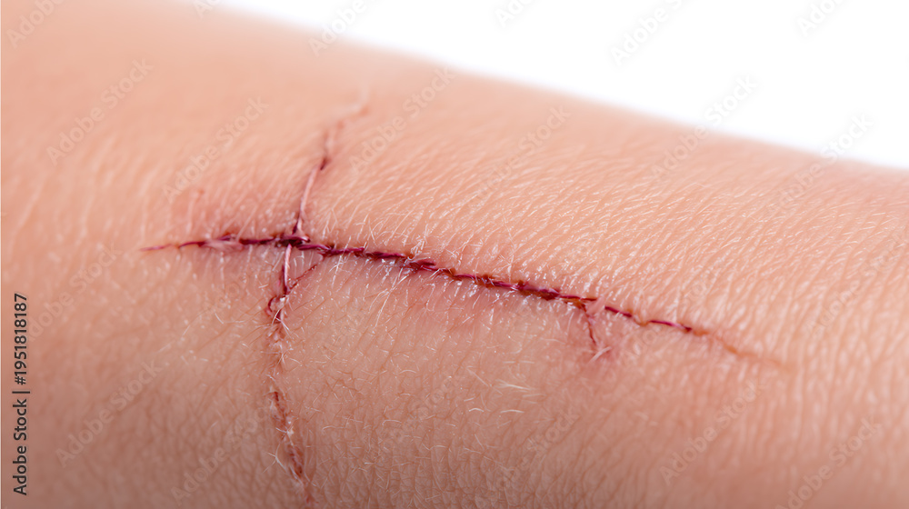 Fototapeta premium Close-up of a deep, fresh wound with visible blood and ruptured skin on an arm, showing minor cuts and abrasions against a clean background