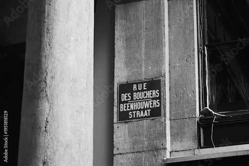 Bruxelles, Belgium - october 14th 2017 : signboard of The Butchers street (Rue des bouchers), a famous place in Bruxelles for restaurants.