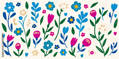 A colorful whimsical pattern of illustrated wildflowers and foliage
