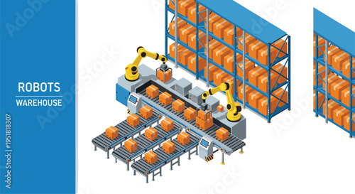 Automated warehouse robots system, robotic arms packaging boxes on conveyor line, smart logistics storage racks, modern industry automation isometric vector illustrationAutomated warehouse robots 
