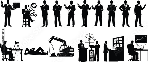Business people and professional workers silhouettes set, office manager, engineer, presenter, analyst, cameraman, and construction operator vector illustration collection