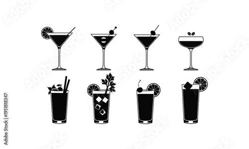 Elegant black and white illustrations of various cocktails in classic glassware