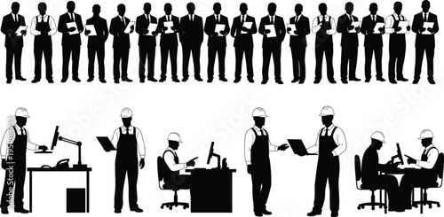 Business professionals and industrial engineers silhouettes vector illustration set, corporate managers and technical workers with laptops, teamwork office and engineering workplace icons