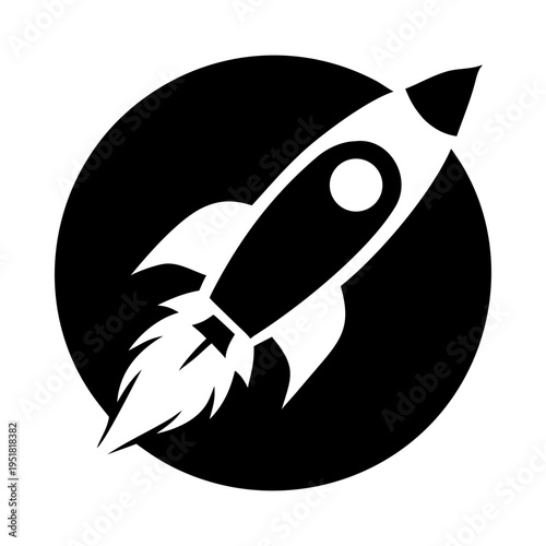 Rocket launch spaceship startup flame circle astronomy technology silhouette vector illustration