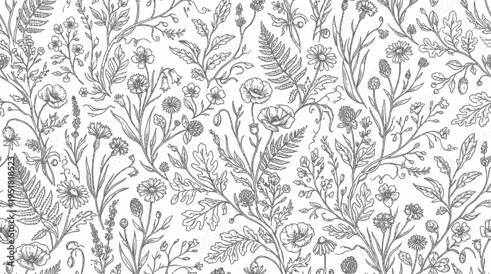 Fototapeta premium Intricate botanical pattern showcasing various flowers and foliage in a monochrome design