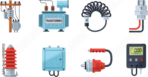Electrical equipment icons set, transformer power line insulator cable plug and digital meter, utility engineering components, flat vector electricity technology illustration