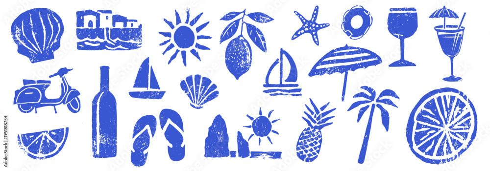Fototapeta premium Summer vacation icons set in vintage linocut stamp style beach travel elements with tropical symbols and seaside objects