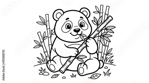 Cute cartoon panda eating bamboo shoots.
