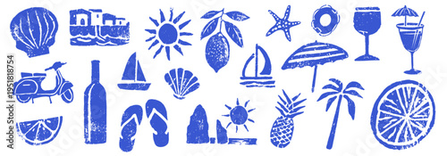 Summer vacation icons set in vintage linocut stamp style beach travel elements with tropical symbols and seaside objects
