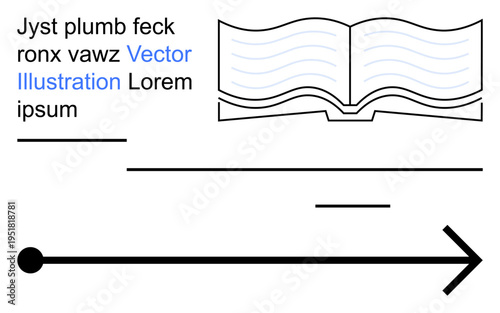 Education, knowledge sharing, direction, guidance, learning pathways, informational graphics. Abstract open book with flowing text and an arrow. Education and knowledge sharing