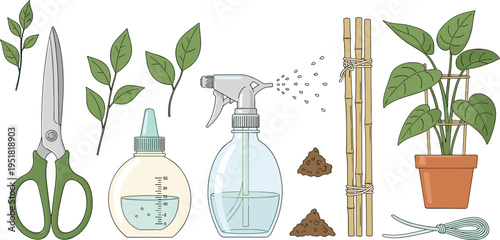 Plant Care and Propagation Tools Set with Scissors, Spray Bottle, Bamboo Sticks, Pots, Soil, and String Illustrations