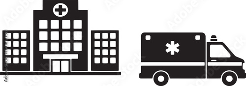 Hospital and ambulance icon vector, emergency medical service illustration, healthcare building and rescue vehicle black silhouette 