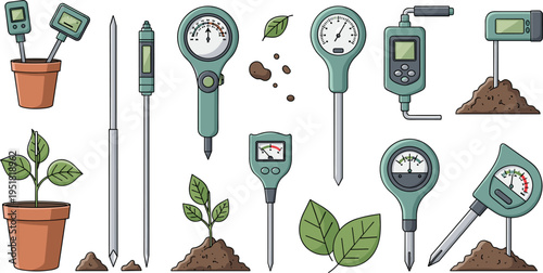 Soil Testing and Plant Care Tools Set with Moisture Meters, pH Testers, Temperature Gauges, and Plant Growth Indicators Illustrations