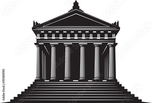 Black silhouette of ancient Greek temple with columns and steps classical architecture icon