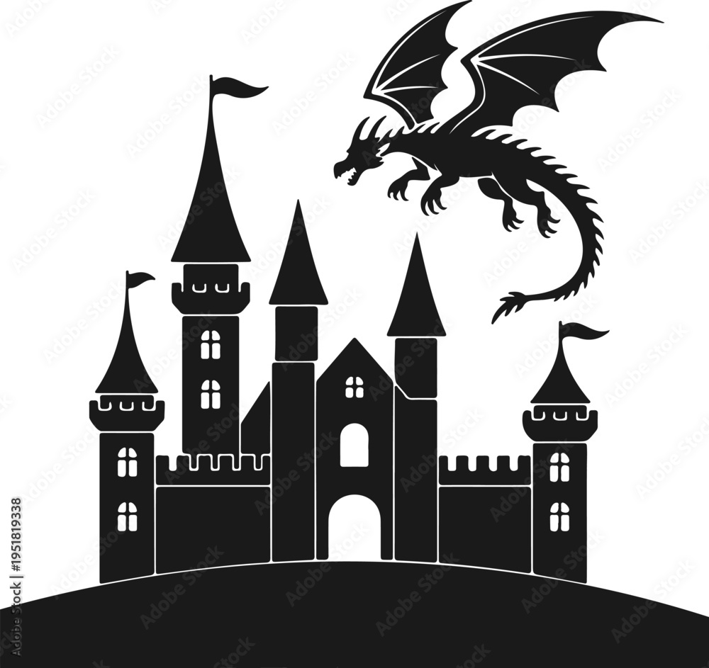 Obraz premium Fantasy Castle with Flying Dragon Silhouette for Storytelling